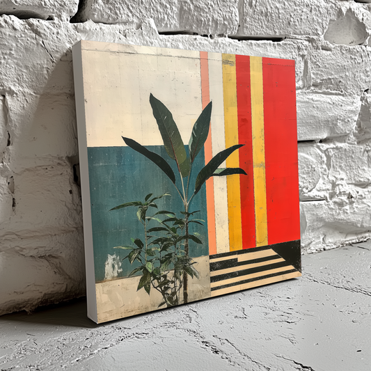 A vintage canvas of green plants in front of a faded but vibrant striped background full of red yellow and black lines, resting on a brick wall. 