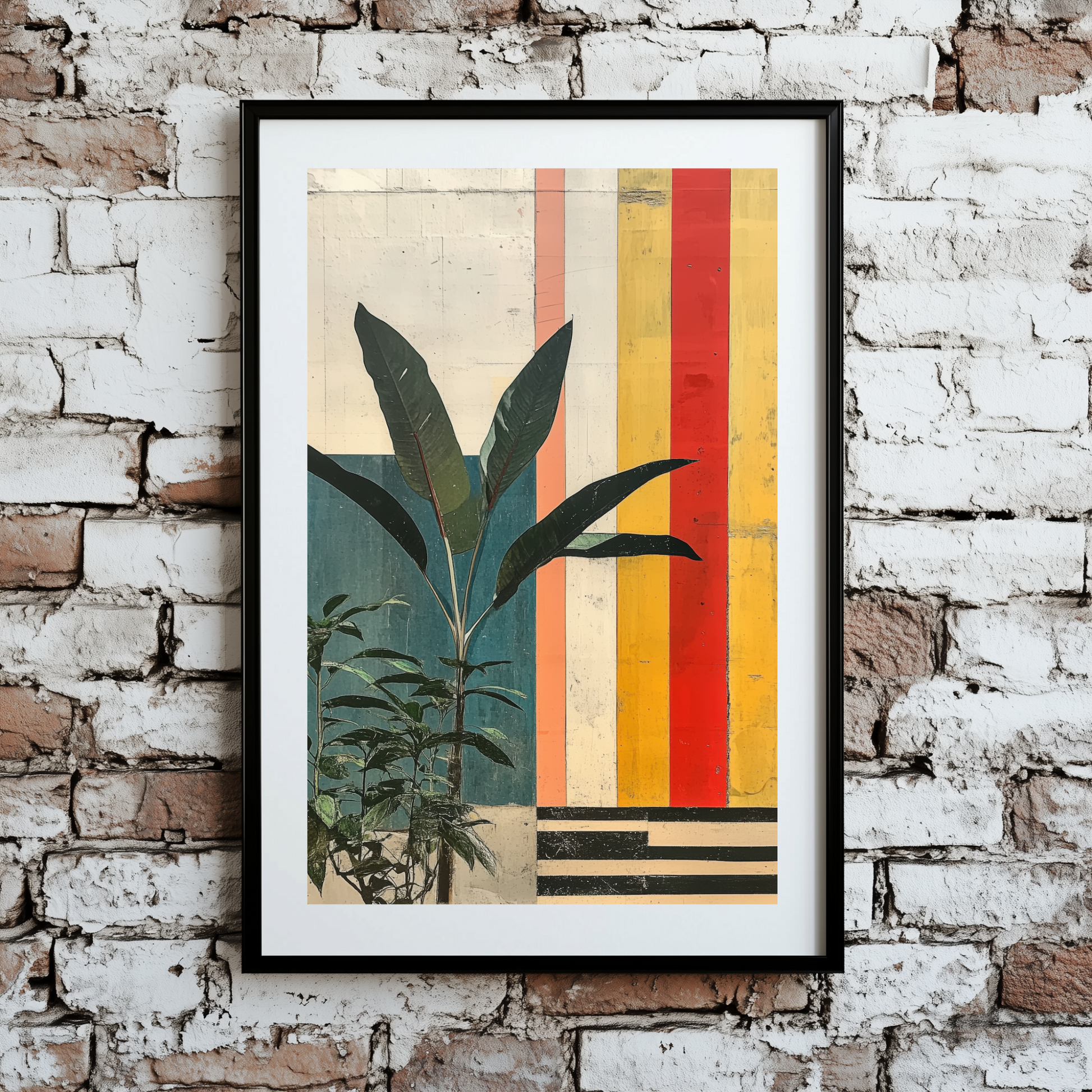 A vintage print of green plants in front of a faded but vibrant striped background full of red yellow and black lines, framed on a brick wall. 
