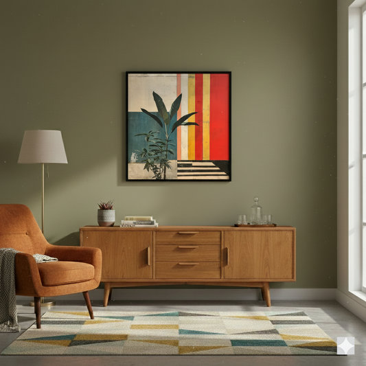 A vintage print of green plants in front of a faded but vibrant striped background full of red yellow and black lines, in a cosy midcentury room